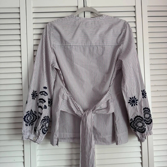 J. CREW Embroidered Sleeves Tie Front Tunic Shirt Blouse Multi Color Size Medium - Picture 5 of 11